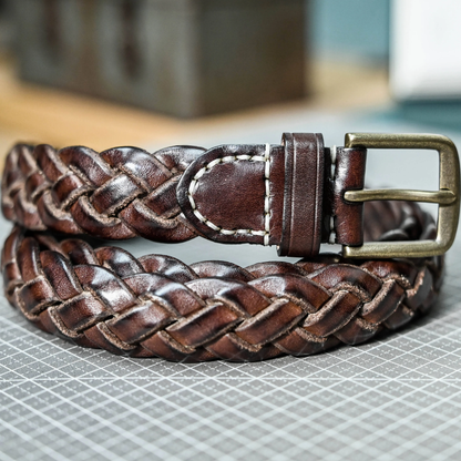 李記 | 原創手工真皮 | 三股編織 銅釦 復古水洗做舊皮帶ps126號