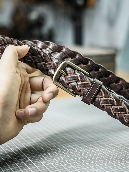 李記 | 原創手工真皮 | 三股編織 銅釦 復古水洗做舊皮帶ps126號