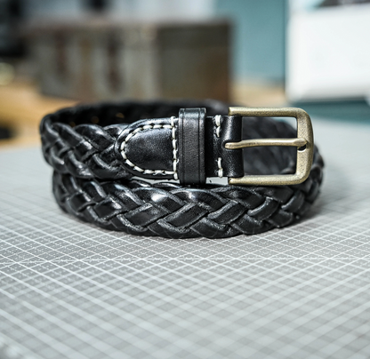 李記 | 原創手工真皮 | 三股編織 銅釦 復古水洗做舊皮帶ps126號