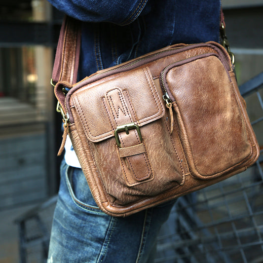 李記手工真皮 | 方盒型斜挎包 頭層牛皮郵差包包 6840號