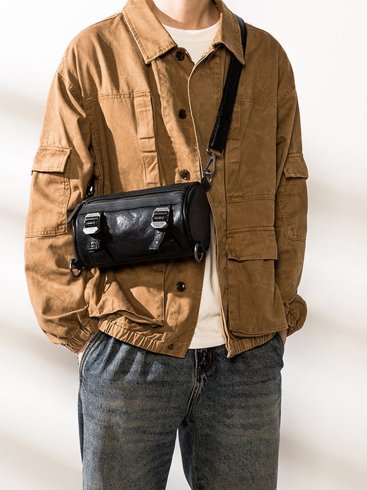 Li Ji |. กระเป๋าหนังแท้แฮนด์เมด |. กระเป๋าทรงกระบอกสั้นอินเทรนด์ No. HB6-011-1