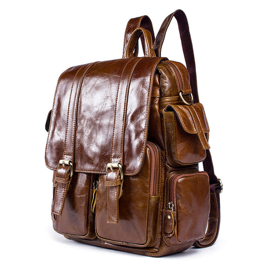 李記 | 原創手工 | 簡約油蠟皮 真皮雙肩包/可斜挎8115號