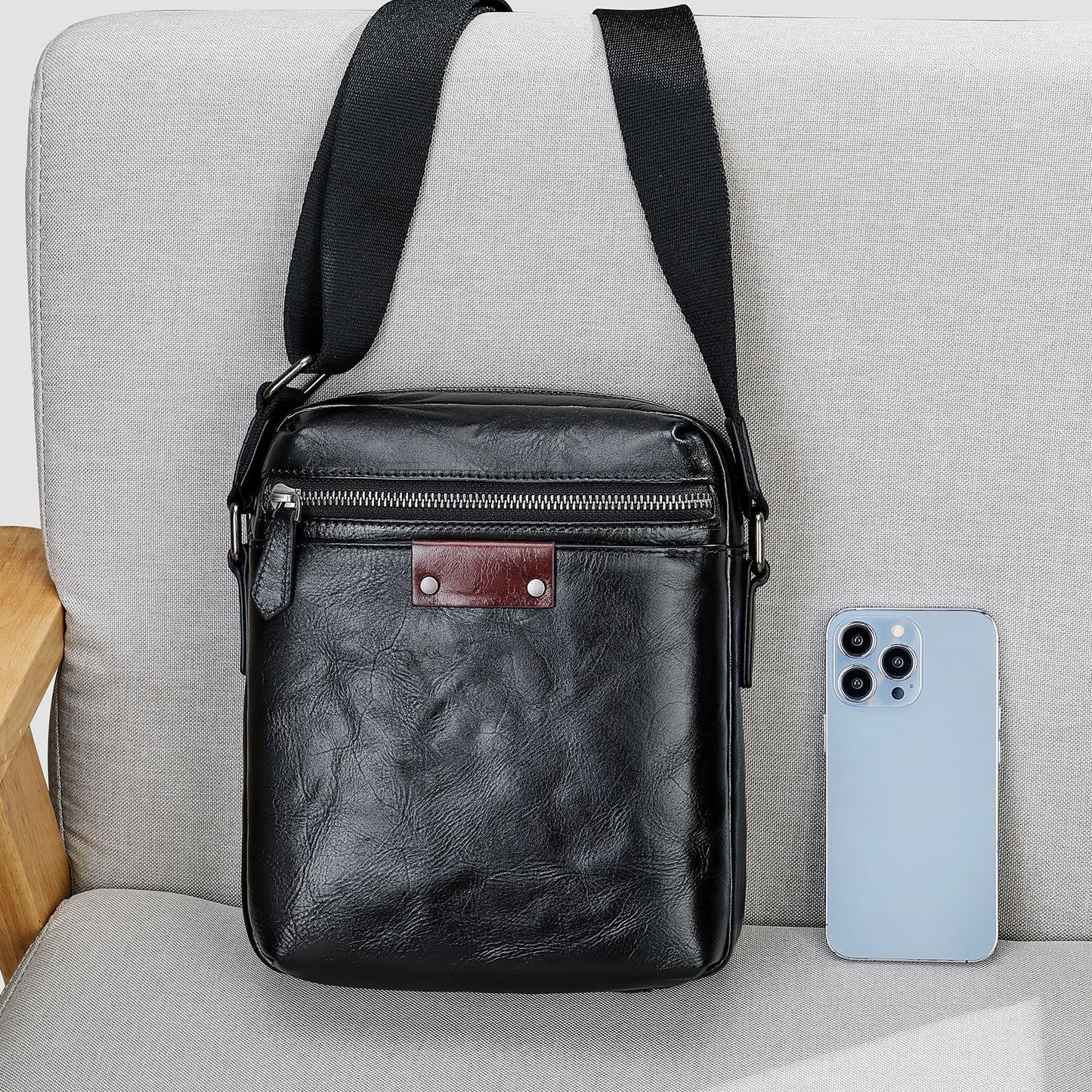 Li Ji |. หนังแท้ของแท้ |. กระเป๋าสะพายแนวตั้งหนังวัวชั้นแรกทำมือหมายเลข 6067 